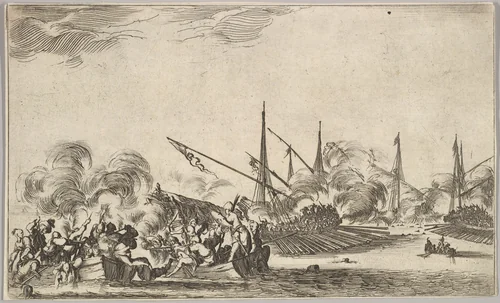 Combat between several rowboats and ships, two groups of men in rowboats fighting to left, two ships full of combatants to right, other ships and clouds of smoke in the background, from "Set of eight nautical landscapes" (Suite de huit Marines) by Stefano della Bella, print, 1639
