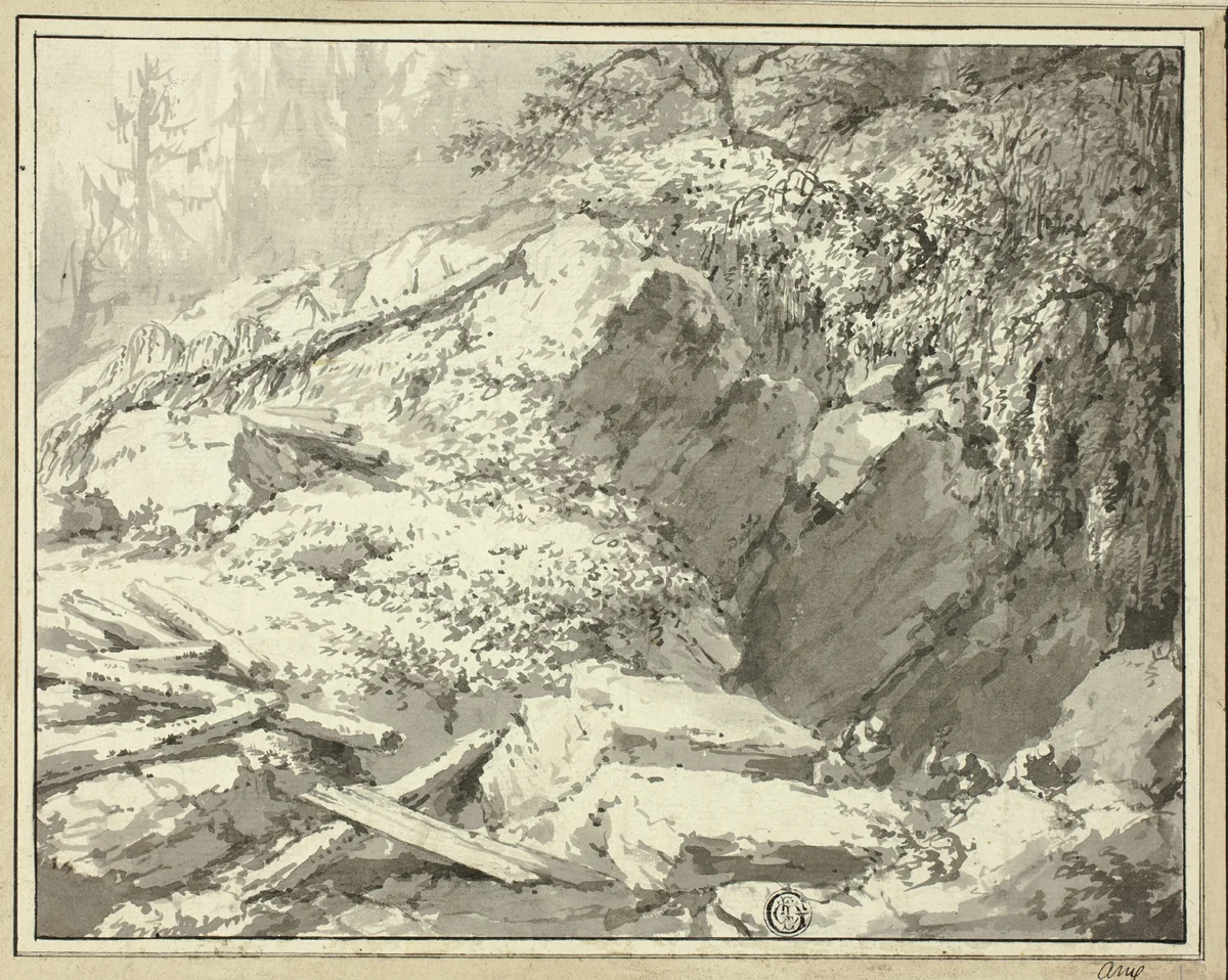 Mountainside with Fallen Tree by Friedrich Wilhelm Gmelin, drawing, 1780-1820