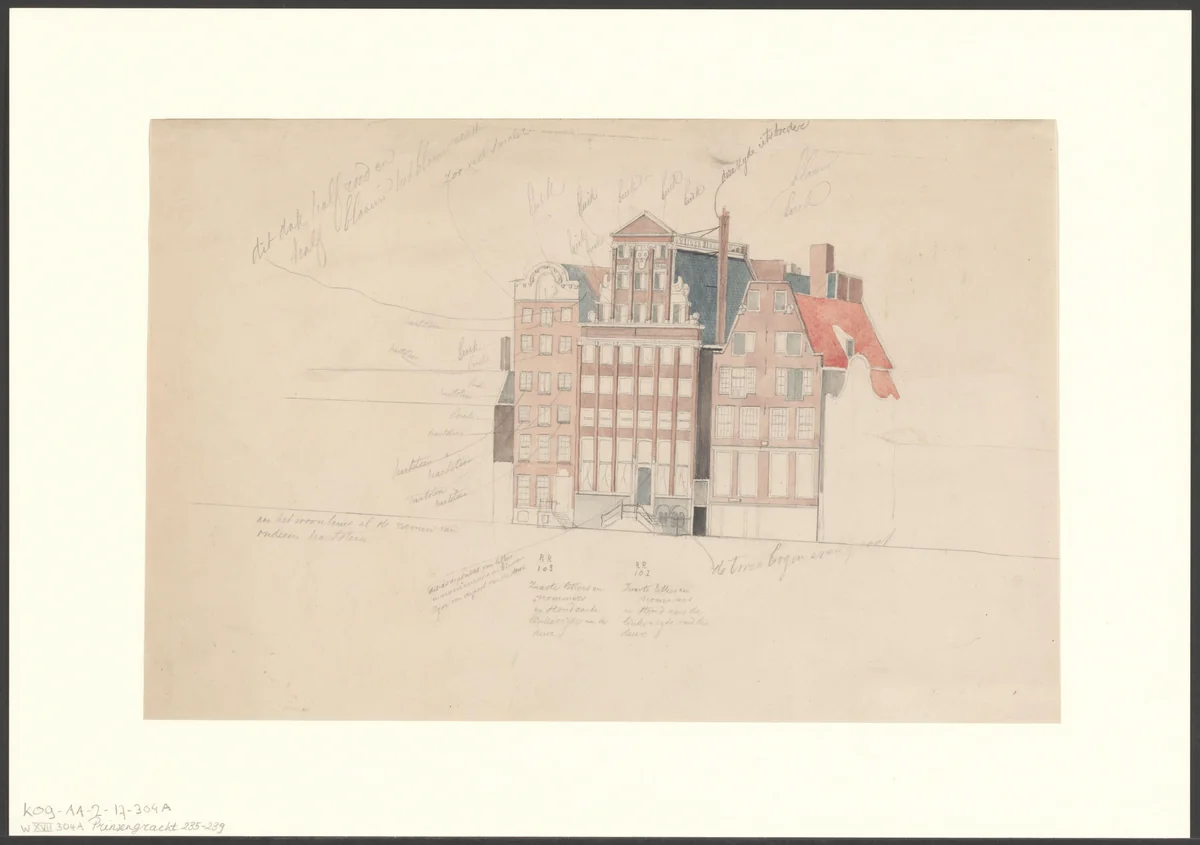 Gezicht op enkele panden aan de Prinsengracht by anonymous, drawing, 1850-1950
