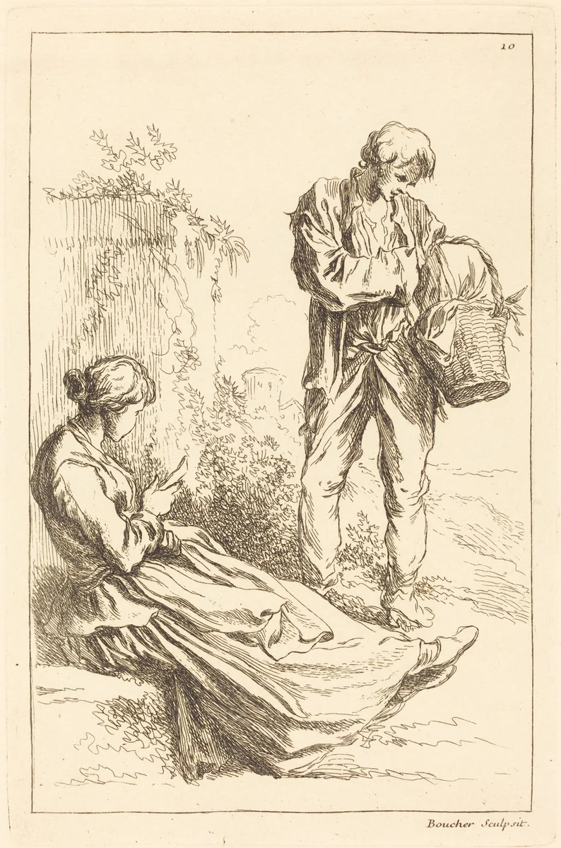 Seated Woman with Peasant Boy Holding a Basket by François Boucher, print, 1735
