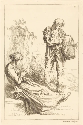 Seated Woman with Peasant Boy Holding a Basket by François Boucher, print, 1735