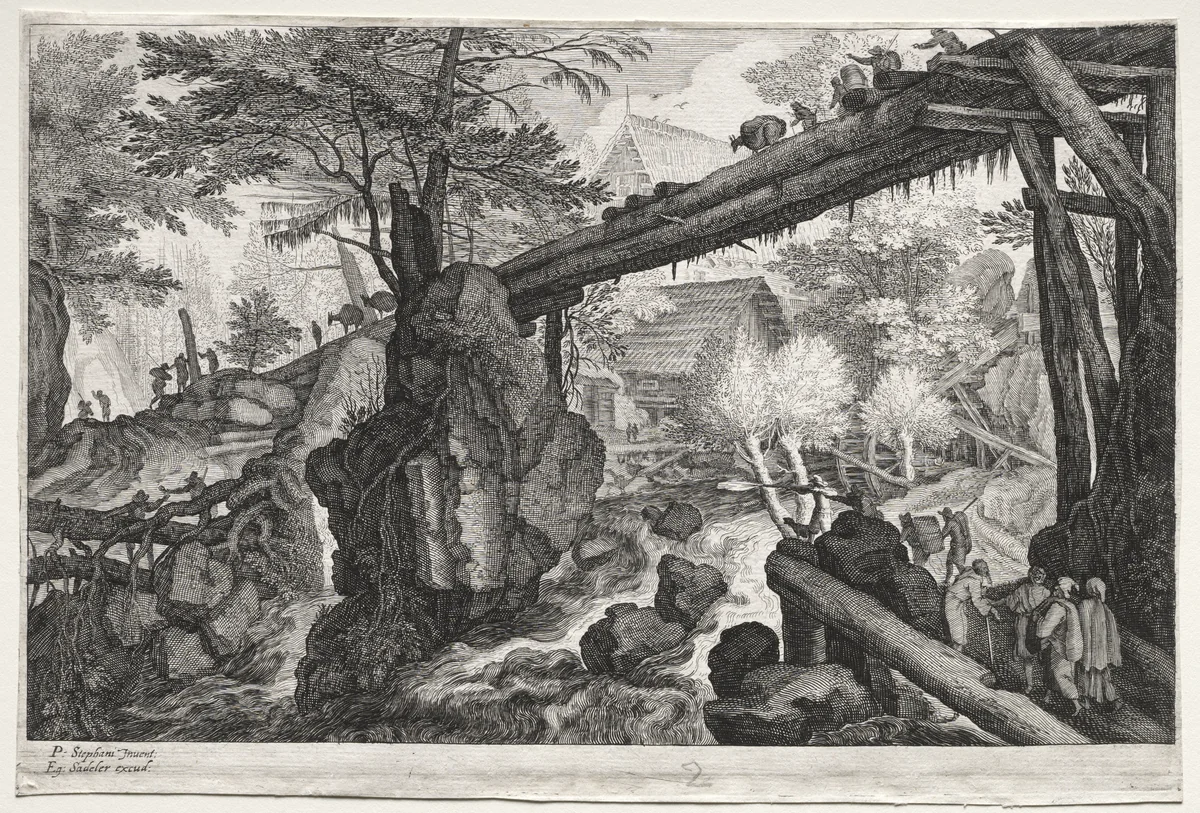 Eight Bohemian Landscapes: Landscape with Log Bridge over Cataract by Aegidius Sadeler, print, 1610-1615