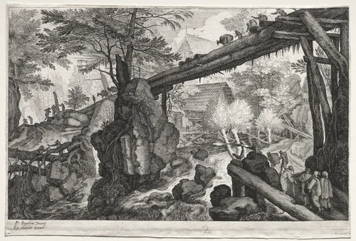 Eight Bohemian Landscapes: Landscape with Log Bridge over Cataract by Aegidius Sadeler, print, 1610-1615