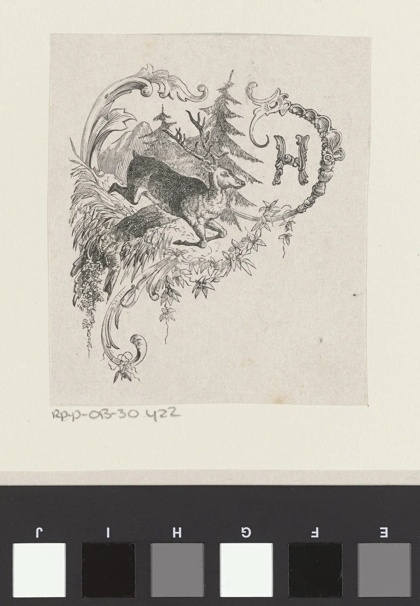 Letter H in een geornamenteerde omlijsting met een springend hert by Isaac Weissenbruch, print, 1836-1912