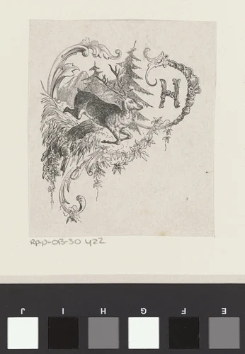 Letter H in een geornamenteerde omlijsting met een springend hert by Isaac Weissenbruch, print, 1836-1912