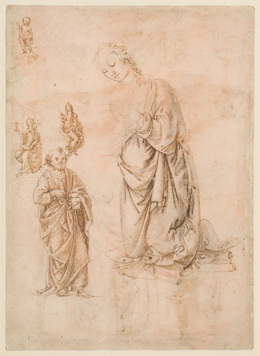Sketches of Figures of the Virgin Kneeling, Saint Peter Standing, Seated Allegorical Figures of Faith and Charity, and Child Standing on a Corbel (?) (recto); Sketches of Figures of Saint Sebastian Standing and the Virgin and Child with Angels (verso) by Francesco di Simone Ferrucci, drawing, 1487-1488