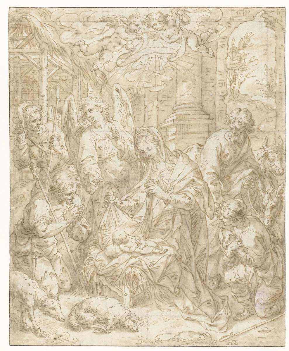 De aanbidding der herders by Hendrik de Clerck, drawing, 1575-1630