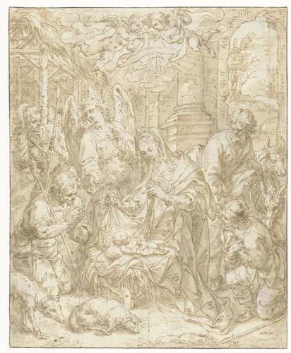De aanbidding der herders by Hendrik de Clerck, drawing, 1575-1630