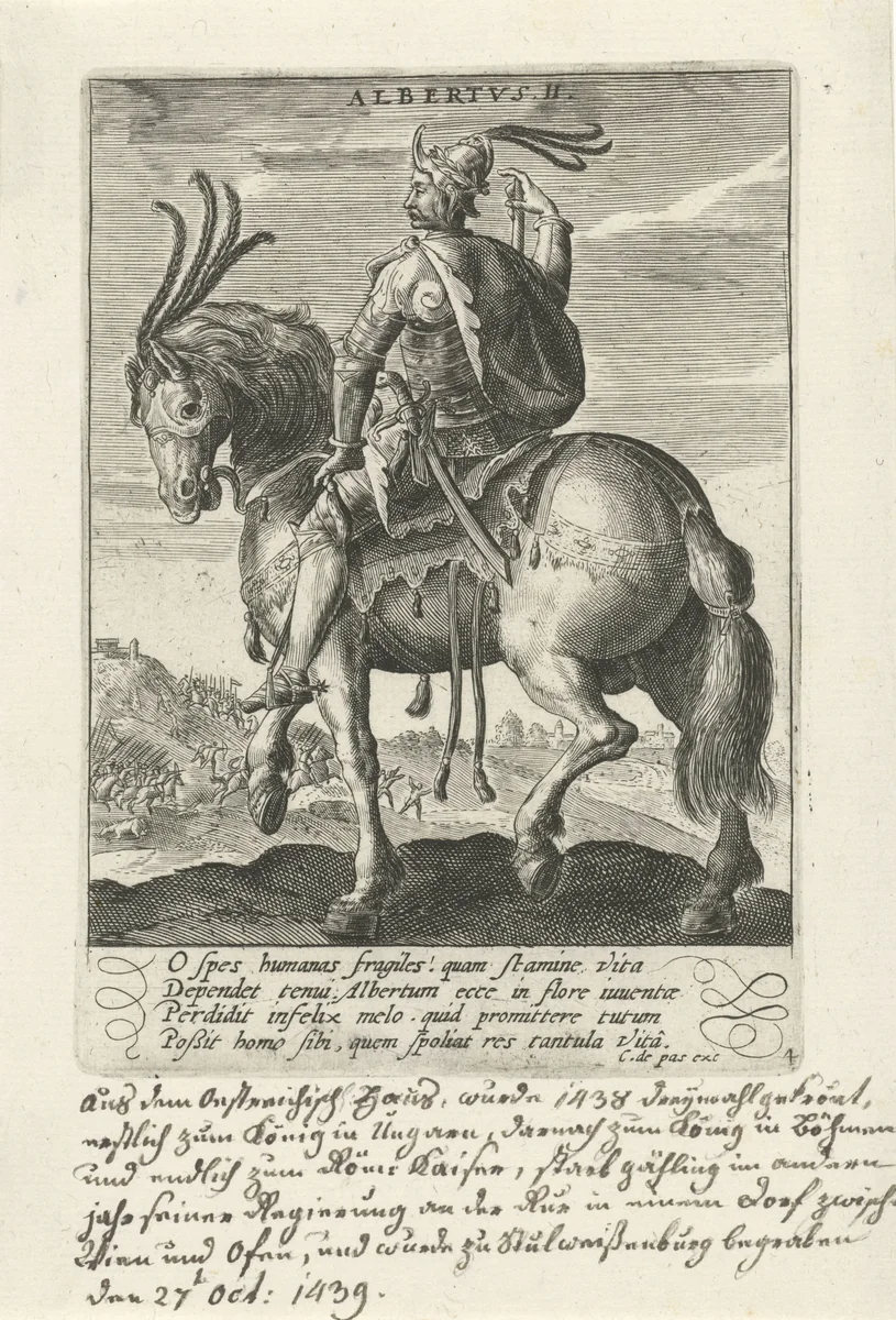 Albrecht II van Habsburg te paard by Crispijn van de Passe, print, 1604