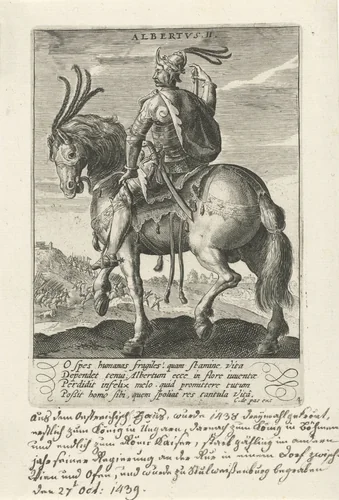 Albrecht II van Habsburg te paard by Crispijn van de Passe, print, 1604