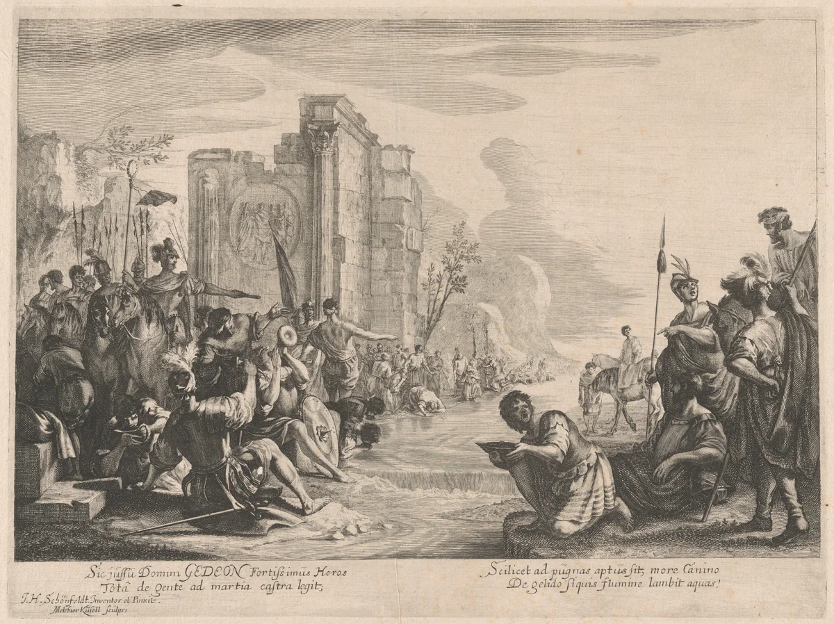 Gideon Selects His Army at the River Jordan by Melchior Küsel; Johann Heinrich Schönfeld, print, 1650-1660