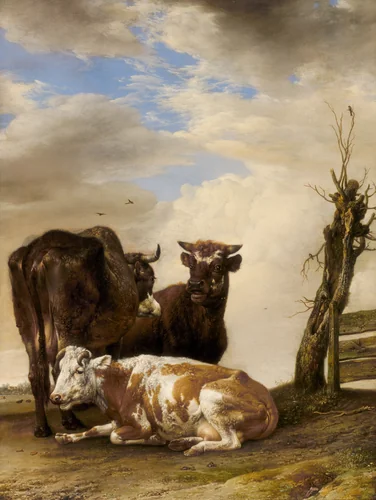 Two Cows and a Young Bull beside a Fence in a Meadow by Paulus Potter, painting, 1647