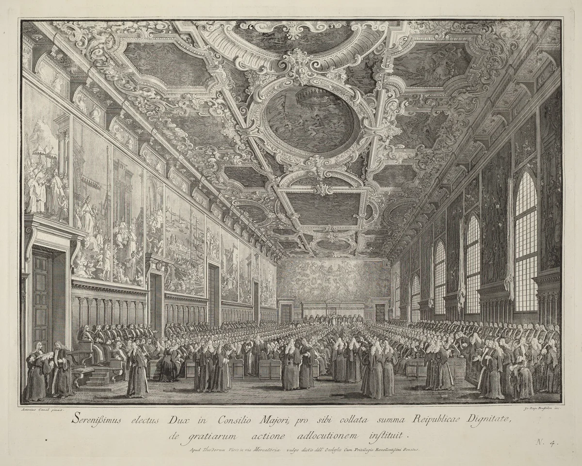 The Doge Returns Thanks in the Sala del Consiglio Maggior by Giovanni Battista Brustolon, print, 1763-1766