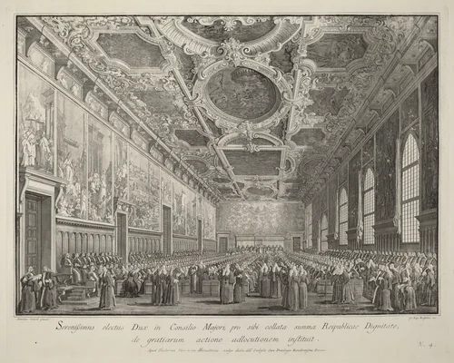 The Doge Returns Thanks in the Sala del Consiglio Maggior by Giovanni Battista Brustolon, print, 1763-1766