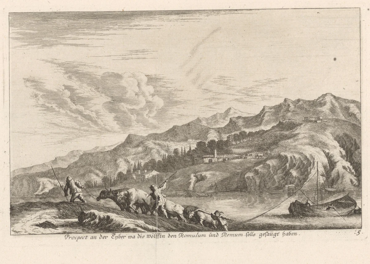 Gezicht op heuvels bij Rome by Melchior Küsel, print, 1670-1719