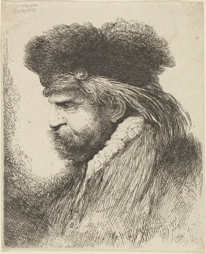 Bearded Man in a Fur Cap, Facing Left by Giovanni Benedetto Castiglione, print, 1645-1650