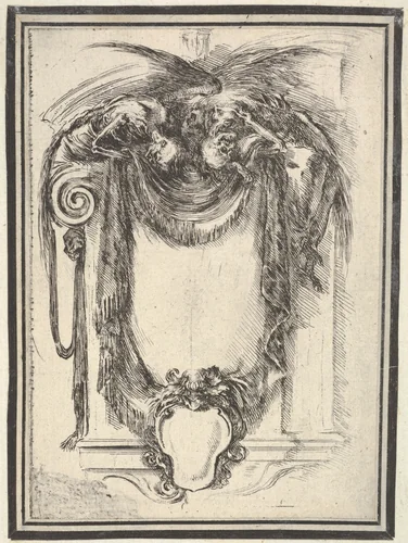 A cartouche formed by drapery and topped with two skeletons atop an Ionic entablature, plate 10 from "Nouvelles inventions de Cartouches" by Stefano della Bella, print, 1647