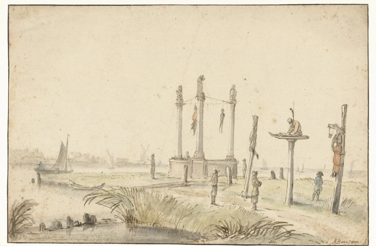 Galgenveld aan de rand van de Volewijk by Anthonie van Borssom, drawing, 1664-1665