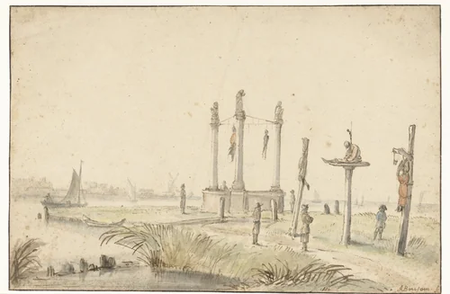 Galgenveld aan de rand van de Volewijk by Anthonie van Borssom, drawing, 1664-1665