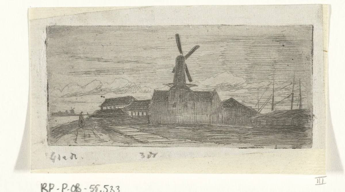 Complex met molen aan een rivier by Lambertus Hardenberg, print, 1837-1900