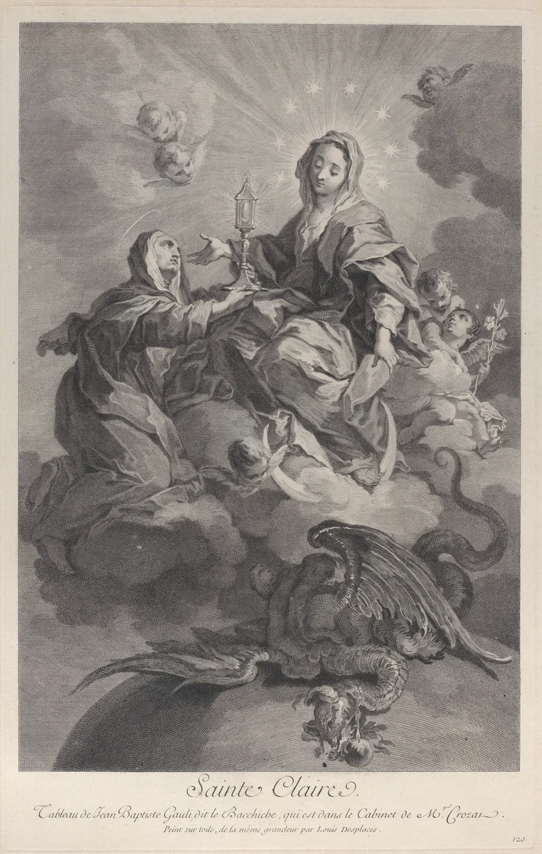 Saint Clare, seated in the clouds among angels, a dragon below by Louis Desplaces, print, 1724-1734