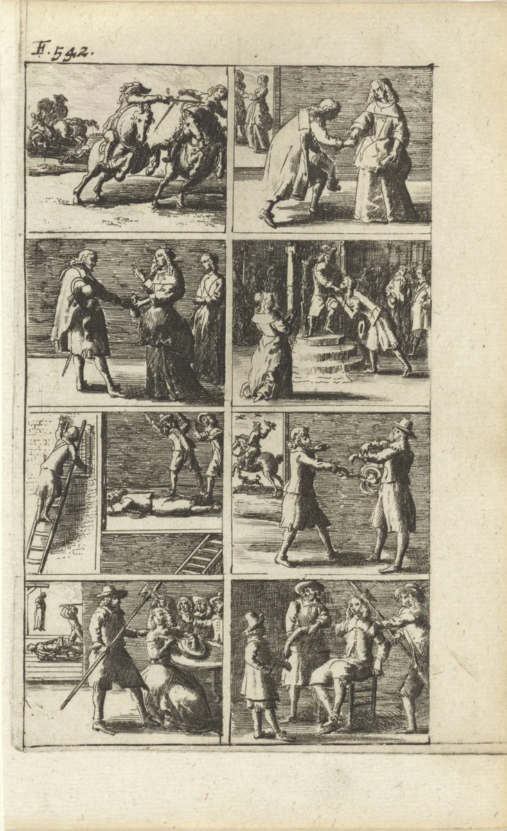 Verhaal met voorstellingen van moord en doodstraf (F. 542.) by Abraham Dircksz. Santvoort, print, 1667