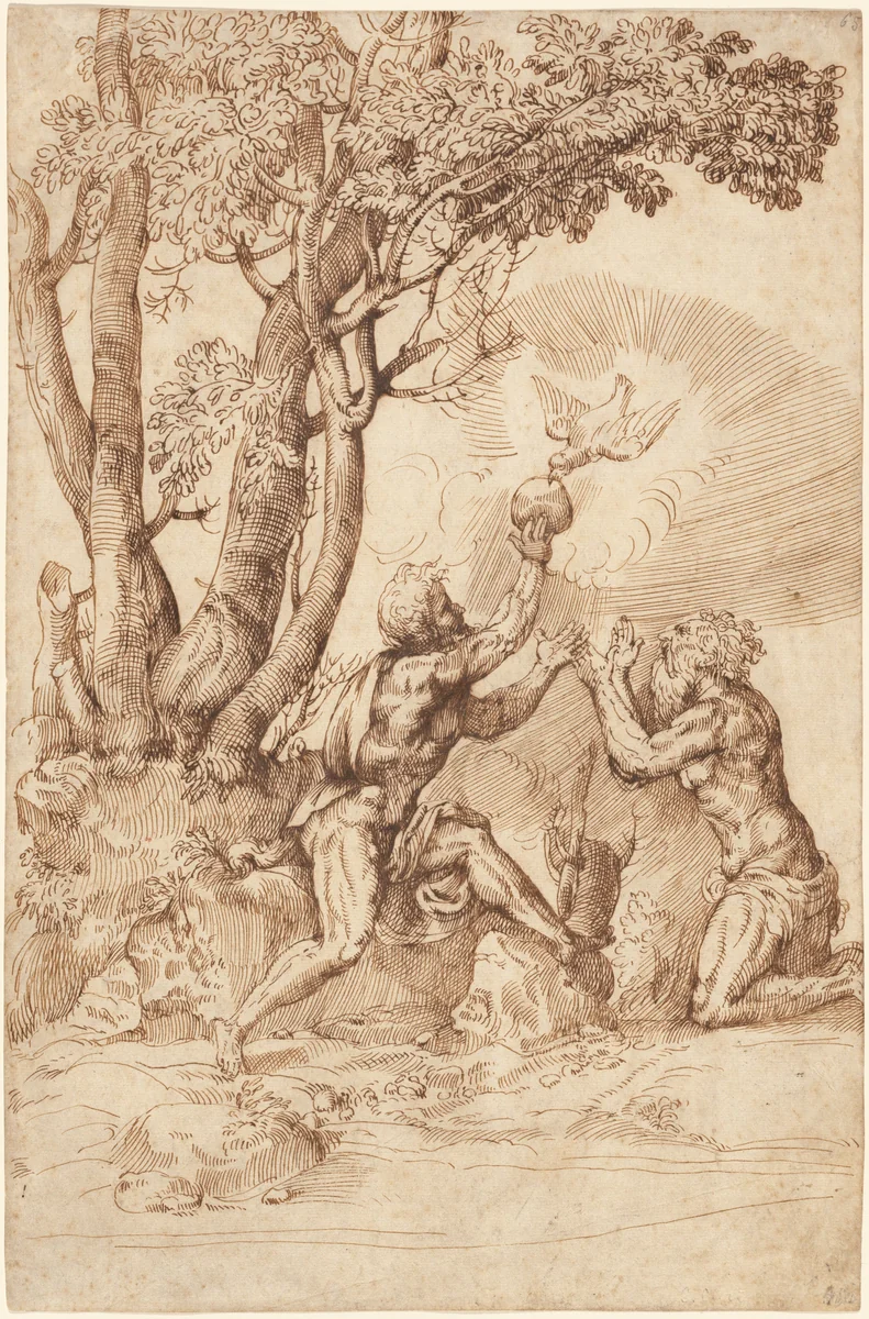 The Hermit Saints Paul and Anthony Receiving Bread from a Dove by Domenico Campagnola, drawing, 1530-1539
