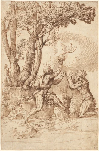 The Hermit Saints Paul and Anthony Receiving Bread from a Dove by Domenico Campagnola, drawing, 1530-1539