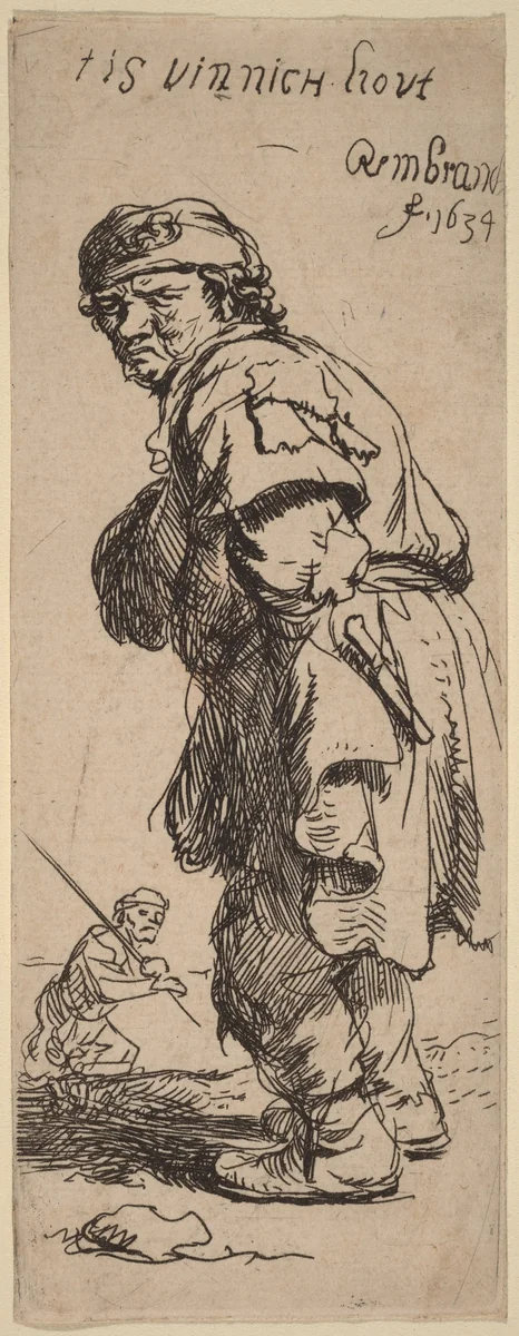 A Peasant Calling Out: "tis vinnich kout" (It's biting cold) by Rembrandt van Rijn, print, 1634