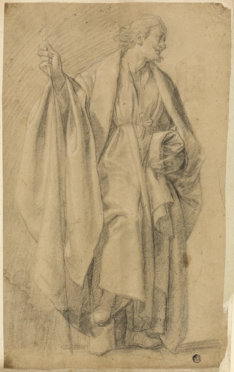 Standing Draped Male Figure, Holding Staff by Unknown Artist, drawing, 1600-1699