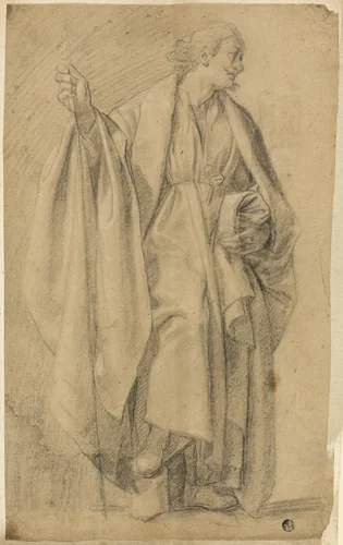 Standing Draped Male Figure, Holding Staff by Unknown Artist, drawing, 1600-1699