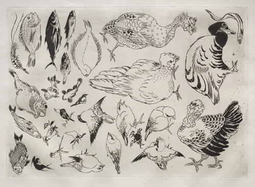 Dinner Service (Rousseau service): Ducks, fish, etc. (no. 12) by Félix Bracquemond, print, 1866