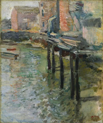 Deserted Wharf (The Old Mill at Cos Cob) by John Henry Twachtman, painting, 1890-1898