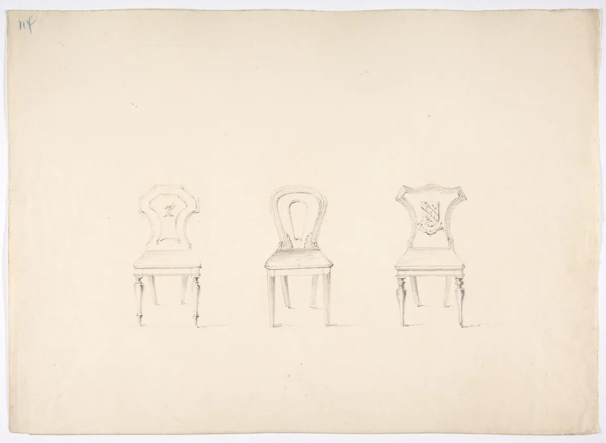 Design for Three Chairs, Two with Armorial Ornament on Backs by anonymous, drawing, 1800-1850