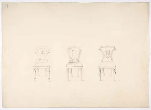 Design for Three Chairs, Two with Armorial Ornament on Backs by anonymous, drawing, 1800-1850