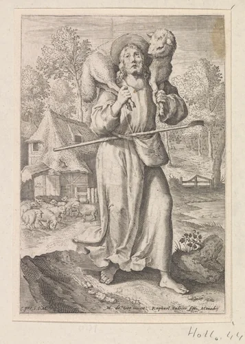 Christus als de Goede Herder by Unknown, print, 1593-1632
