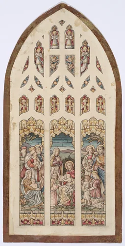Design for a stained glass window with Jesus Blessing the Little Children by anonymous, drawing, 1820-1880