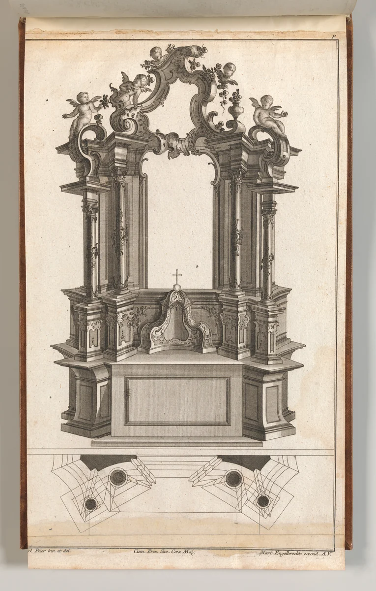 Design for a Monumental Altar, Plate 'p' from 'Unterschiedliche Neu Inventierte Altäre mit darzu gehörigen Profillen u. Grundrißen.' by Jacob Gottlieb Thelot, book, 1745-1755