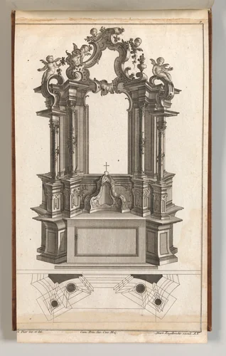 Design for a Monumental Altar, Plate 'p' from 'Unterschiedliche Neu Inventierte Altäre mit darzu gehörigen Profillen u. Grundrißen.' by Jacob Gottlieb Thelot, book, 1745-1755