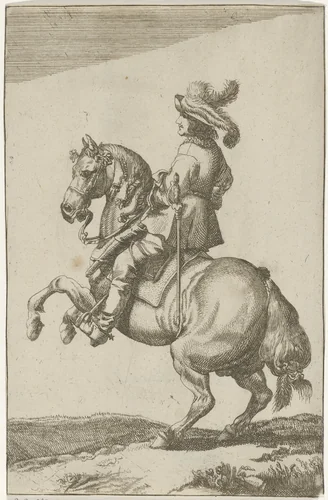 Ruiter op een steigerend paard by anonymous, print, 1623-1703