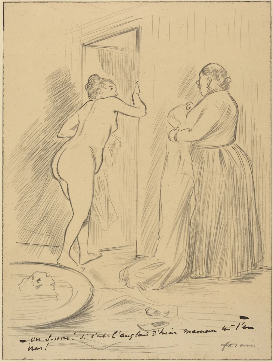 On sonne! Si c'est l'Anglais d'hier maman tu t'en iras! by Jean-Louis Forain, drawing, 1852-1931