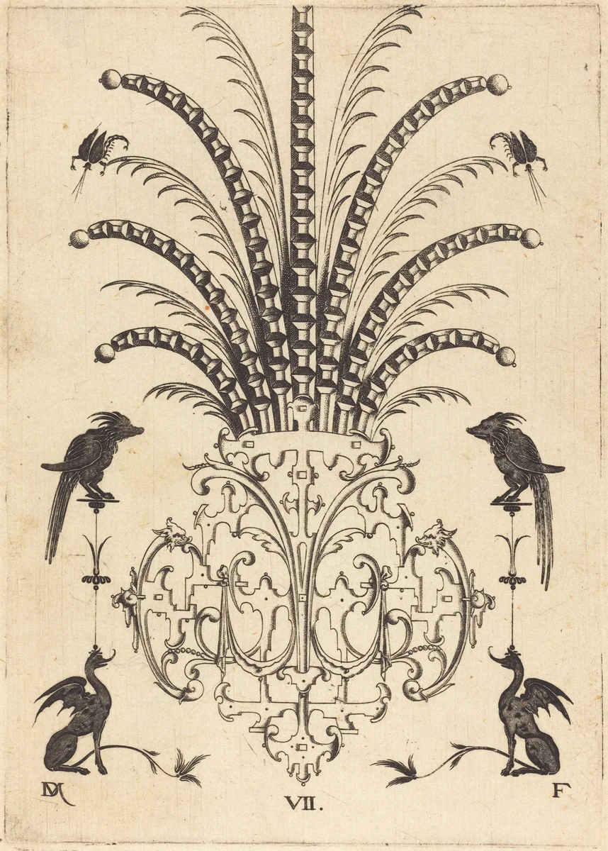 Brooch with Table-Stones, Flying Scorpions at Top, and Dogs at Bottom by Daniel Mignot, print, 1596