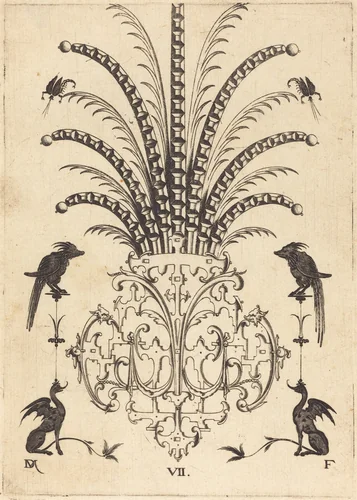 Brooch with Table-Stones, Flying Scorpions at Top, and Dogs at Bottom by Daniel Mignot, print, 1596