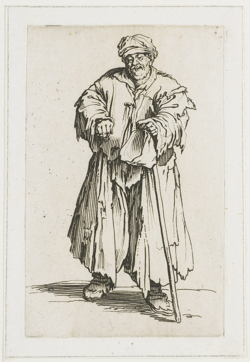 Bedelaar met een zak en een stok by Jacques Callot, print, 1622-1623