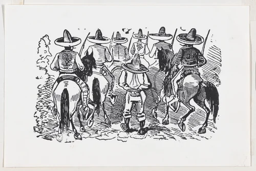 A group of Zapata followers on horseback from a broadside entitled 'Most wonderful miracle by the intercession of Our Most Blessed Lady of Perpetual Help worshipped in Cholula' by José Guadalupe Posada, print, 1905-1915