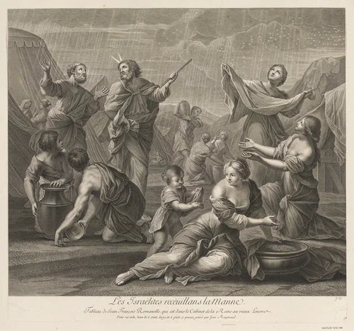 The Israelites holding out their cloaks to collect the manna raining from heaven, Moses standing in the background by Jean Raymond, print, 1710-1791