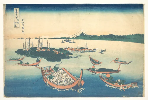 Tsukudajima in Musashi Province (Buyō Tsukudajima), from the series Thirty-six Views of Mount Fuji (Fugaku sanjūrokkei) by Katsushika Hokusai (葛飾 北斎), print, 1820-1842