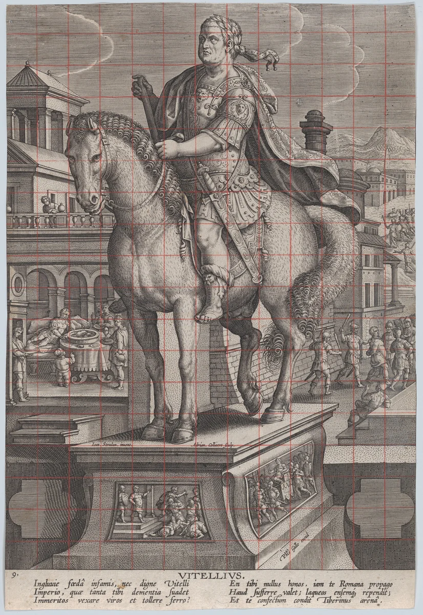 Plate 9: equestrian statue of Vitellius, seen three-quarters to the left, with his death scene in the background at right, his body being thrown into the Tiber at upper right, from 'Roman Emperors on Horseback' by Adriaen Collaert, print, 1582-1594