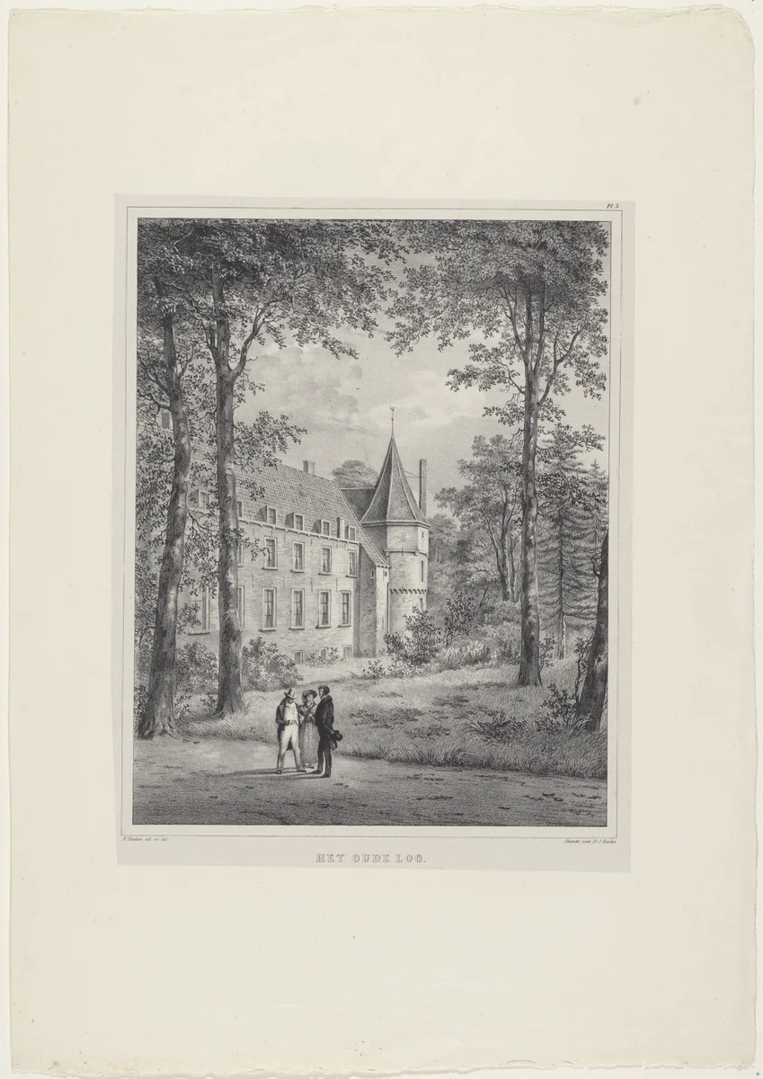 Drie figuren voor Het Oude Loo by anonymous, print, 1822-1845