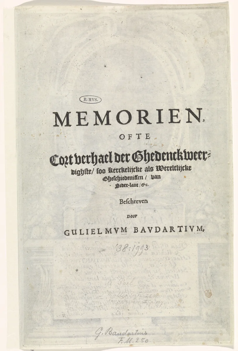 Titelpagina voor: Baudartius, Willem. Memoryen ofte Cort verhael der gedenck-weerdichste (...) gheschiedenissen, 1624 by Jan Jansz., print, 1624